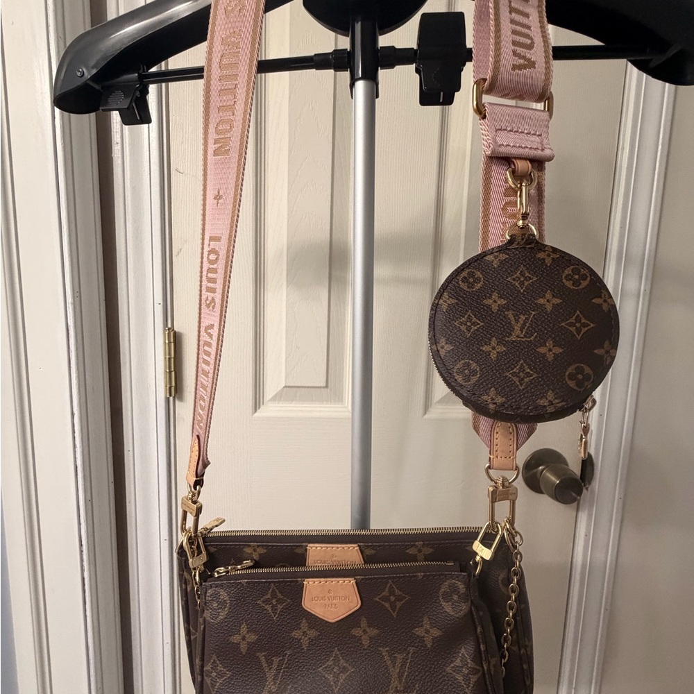 Louis Vuitton Brown Monogram Crossbody with Pink Strap and Round Pouch